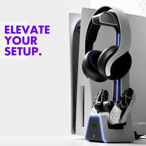 Gaming Headset and Controller Stand | Premium PS5 Accessories (Clean Space with Charging Station) Headphone and Controller Holder for Desk, PlayStation 5, Xbox Game, - color: White
