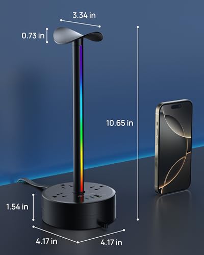 TROND Headphone Stand with PD 20W USB C Charger, RGB Gaming Headset Holder | 3 AC Outlets Extension, 5ft Retractable Power Strip Suitable for Gamer Desktop Table Game Earphone Accessories Gift
