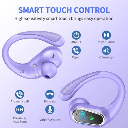 Wireless Earbuds, 2026 Bluetooth 5.4 Headphones, ENC Noise Canceling Mic | 60Hrs+ Stereo Wireless Headphones, IP7 Waterproof Bluetooth Earbuds, Sport Earhooks, Dual LED Display, for Workout, Running - color: comb purple