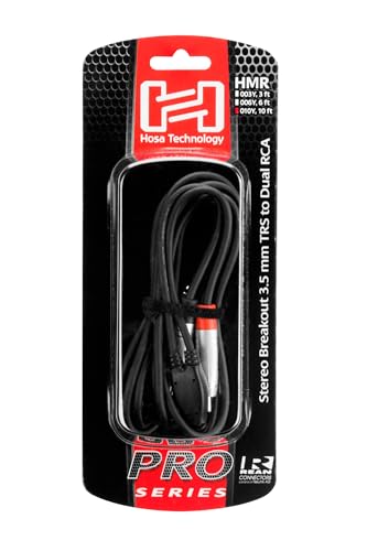 Hosa HMR-010Y REAN 3.5 mm TRS to Dual RCA Pro Stereo Breakout Cable, 10 Feet