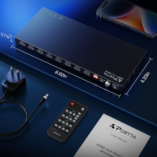 PORTTA 4x4 HDMI Matrix 4K 60Hz 4:4:4, 4 in 4 Out Switch Splitter, Audio Extractor, 16 EDID Modes with Remote Control Supports HDMI 2.0b, HDCP 2.2, HDR, YUV, ARC, 18Gbps, 3D, Downscaler 4K & 1080P - style: HDMI Matrix 4x4 4K@60Hz