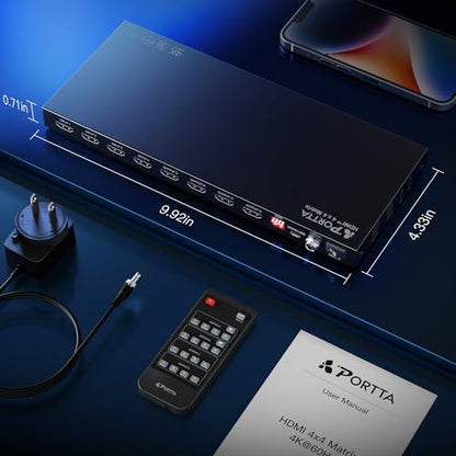 PORTTA 4x4 HDMI Matrix 4K 60Hz 4:4:4, 4 in 4 Out Switch Splitter, Audio Extractor, 16 EDID Modes with Remote Control Supports HDMI 2.0b, HDCP 2.2, HDR, YUV, ARC, 18Gbps, 3D, Downscaler 4K & 1080P - style: HDMI Matrix 4x4 4K@60Hz