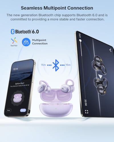 EarFun Clip 2 Open Ear Earbuds, Clip On Headphones, AI Translation Earbuds | LDAC, Hi-Res Audio, Bluetooth 6.0 for Running, Workout, 12mm Titanium Driver, 4 Mics AI Clear Call, Secure Fit, 40H, Violet - color: Violet