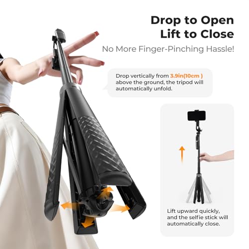 K&F CONCEPT 69" Auto Open Selfie Stick with 4 Legs & Stabilizing Handle | Phone Tripod, 360° Rotation Cell Phone Tripod Stand with Remote Control, Compatible with iPhone Osmo Pocket 4/3, A702