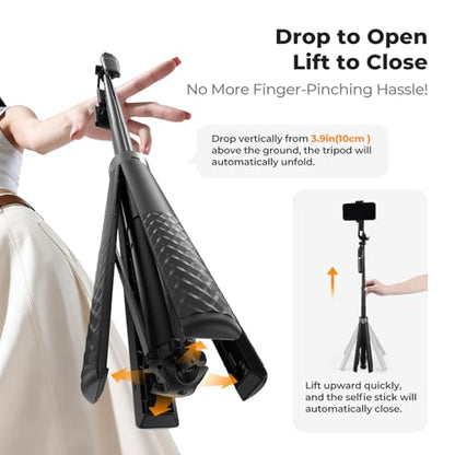 K&F CONCEPT 69" Auto Open Selfie Stick with 4 Legs & Stabilizing Handle | Phone Tripod, 360° Rotation Cell Phone Tripod Stand with Remote Control, Compatible with iPhone Osmo Pocket 4/3, A702