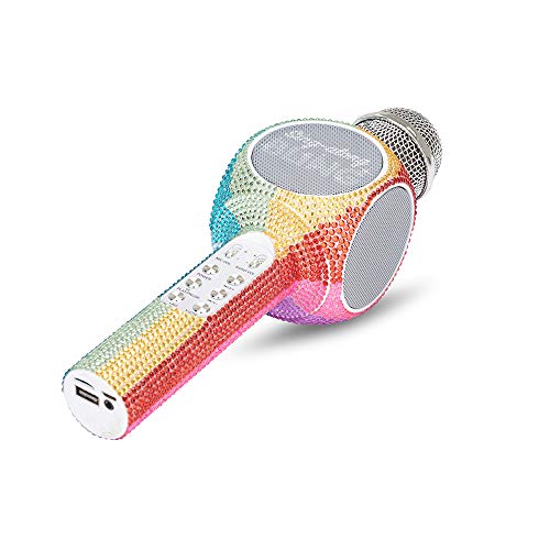 Sing-Along Bling Bluetooth Karaoke Microphone with LED for Karaoke Speaker | Rechargeable Bedazzled Microphone, Wireless Karaoke Microphone with LED Lights, SD Card Slot, Skip Tracks - Confetti Bling - color: Rainbow Bling