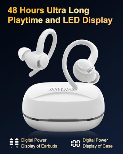 Wireless Earbuds, Bluetooth 5.4 Headphones Sport Over Ear Buds with ENC Mic | Noise Cancelling Mic,48H, Wireless Earphone With Earhooks, Stereo Deep Bass, IP7 Waterproof ear bud for Workout Running,White - color: White