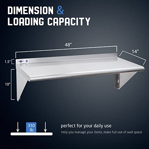 Profeeshaw NSF Stainless Steel Shelf 14” x 48”, Commercial Wall Shelving | 350 lb, Wall Mounted Metal Shelves, with Backsplash and 3 Brackets, for Restaurant, Bar, Utility Room, Kitchen and Garage - size: 14"x48"