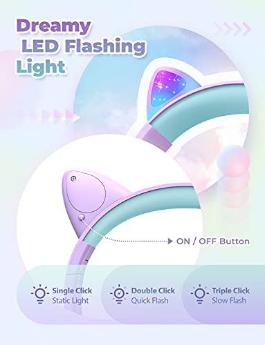 iClever HS20 Kids Headphones for Toddler Girls, Cat Ear LED Light Up School | SafeSound Tech, 3.5mm Wired Foldable, Stereo Sound, Over-Ear Headphones for Kids for iPad/Tablet/Travel/Gift, Light Purple - color: Light Purple
