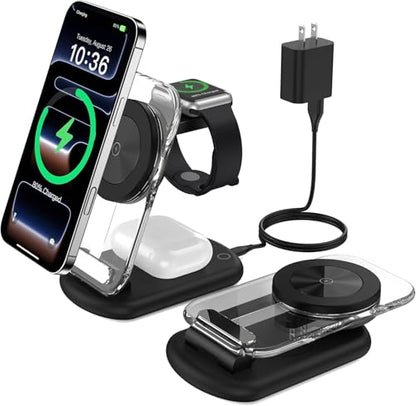 3 in 1 Magnetic Wireless Charging Station for Apple Devices | Fast Foldable Travel Charger Stand with Night Light for Mag-enabled iPhone 17 16 15 14 13 12 Series, Apple Watch/AirPods Pro - color: Upgraded Black