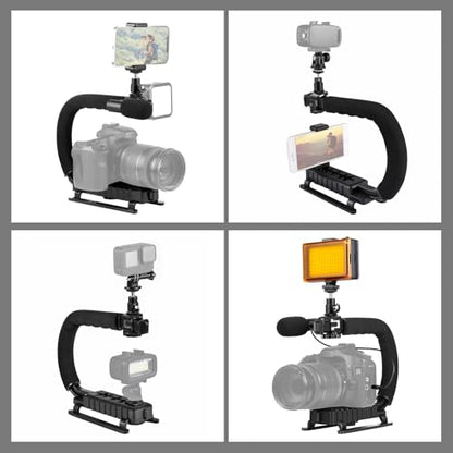PULUZ U/C Shape Portable Handheld Bracket Stabilizer Kits Handle Grip + LED Studio Light + Video Microphone Kit with Cold Shoe Tripod Head for All SLR Cameras and Home DV Camera Smartphones - style: stabilizer kits 4