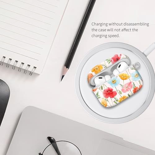 Compatible with Airpod pro 2nd/1st Generation Case Cover with Gold Round Keychain Cute Pattern Hard & Anti Slip Cover for Men Women & Girls（Blue Flowers） - color: Blue Flowers