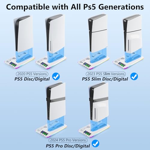 BRHE PS5/Slim/Pro Cooling & Charging Station,PS5/ Slim/Pro Stand for Disc & Digital Console,PlayStation 5 Controller Charger,PS5/Slim/Pro Accessories with 3 Charging Ports,Headset Holder (White) - color: Pro White