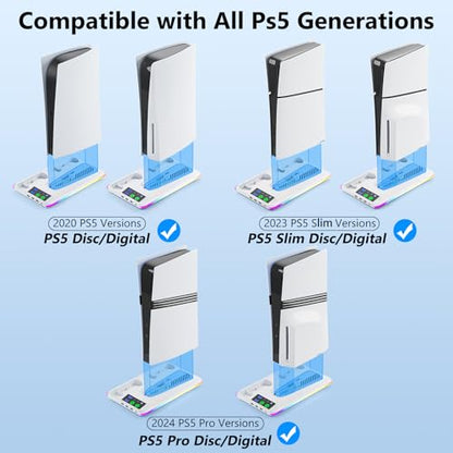BRHE PS5/Slim/Pro Cooling & Charging Station,PS5/ Slim/Pro Stand for Disc & Digital Console,PlayStation 5 Controller Charger,PS5/Slim/Pro Accessories with 3 Charging Ports,Headset Holder (White) - color: Pro White