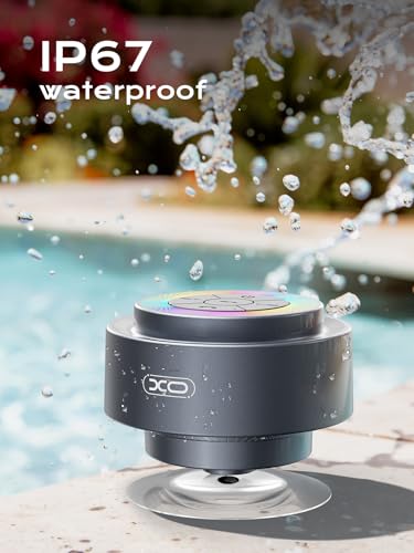 Bluetooth Shower Speaker,XO Portable Shower Speakers IP67 Waterproof with Suction Cup,Built-in Mic and Dynamic LED Lights,Handsfree Wireless Speaker for Bathroom, Party, Beach