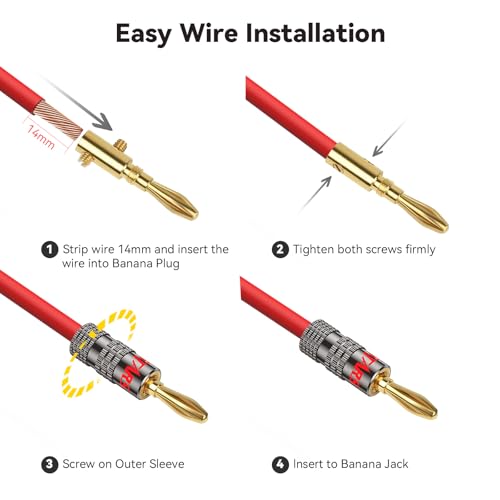 Banana Plug Gold Plated (4 Pair, 8 Pcs), Closed Dual Screws Design, Banana Connectors for All Speaker Wires with a Diameter from 0.75mm to 4mm, Wall Plate, Home Theater, Receiver, Amplifier - size: 4 Pairs / 8 Pcs, style: Bullet Pin Banana Plugs