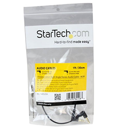 StarTech.com 1 ft. (0.3 m) Right Angle 3.5 mm Audio Cable - 3.5mm Slim Audio Cable - Right Angle - Male/Male - Aux Cable (MU1MMS2RA), Black - size: 1 ft, style: 2 x Angled Connector