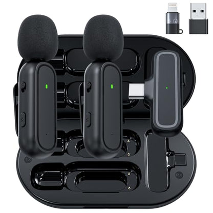 2-Pack Wireless Lavalier Microphone for iPhone Android - Plug and Play Noise Reduction Clip-on Mic with Charging Case, for Vlogging YouTube Live Streaming Zoom Meetings Video Recording Youtuber
