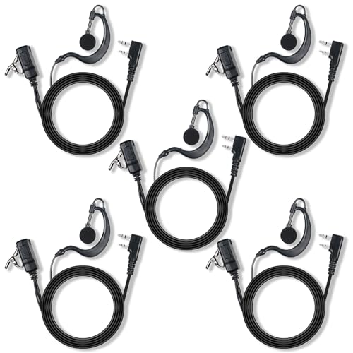 Walkie Talkie Earpiece with Mic PTT 2 Pin G Shape Headset Ear Piece, 5 Pack | Radio Earpiece Compatible with Baofeng UV-5R BF-888S Retevis H-777 RT21 RT22 Arcshell AR-5 Kenwood 2 Way Radio
