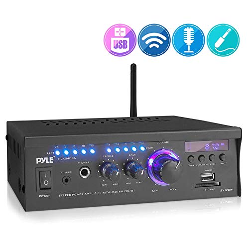 Pyle Home Power Amplifier with Bluetooth Wireless - 2 x 120 Watt Stereo Receiver w/ Blue LED Level Meter, FM Radio, USB-A Input w/ MP3 Player, SD Card In, Aux, RCA, Headphone Jack - PCAU46BA