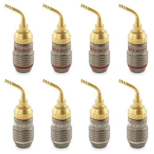 Nakamichi FanLock Excel Series 24K Gold Plated 2mm Pin Plugs, 10-18 AWG | Gauge Size 4mm for Spring Clip Terminal Speakers Amplifier Hi-Fi Audio Wire Cable Quick Connector Banana, 8 Pcs (4-Pairs) - size: 8 Pcs (4-Pairs)