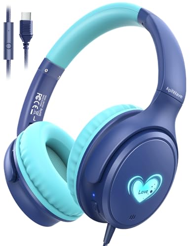 USB-C Kids Headphones, Wired Headphones for Girls Boys, 94dB Volume Limit | LED Lights, 94dB Volume Limit, Stereo Sound Portable Foldable Lightweight for School/iPad/Tablet/Airplane Travel/Toddler - color: Blue
