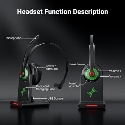 Bluetooth Wireless Headset with Mic for Work, Bluetooth 5.2, Advanced Noise Reduction Microphone, Clear Calls - Comfortable On-Ear Headphones, Applicable to PC, Laptop, Phone, Android, Zoom, Office - color: Black Green
