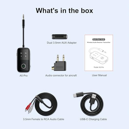 2-in-1 Bluetooth 5.2 Transmitter Receiver for TV/Airplane/Gym/Planes/Boat, Dual Link aptX Adaptive Low Latency Audio Adapter, Wireless Converter for 3.5mm Aux Jack, Supports 2 Headphones