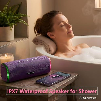 40W Bluetooth Shower Speaker, IPX7 Waterproof Floating Pool Speaker with Interactive Tap-to-Play Drum Beats, 25H Playtime, LED Lights, Built-in Mic for Hands-Free Calls in Bathroom, Purple - color: Purple
