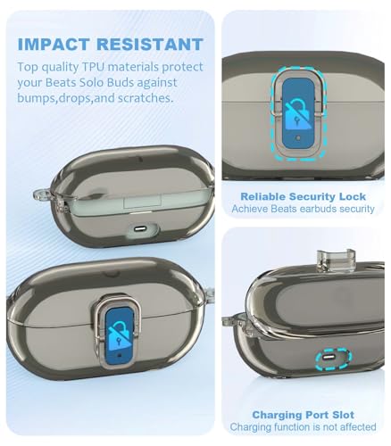 [Upgrade Secure Lock] for Beats Solo Buds 2024 Case Cover with Cleaner Kit, AGENTNANO Clear TPU Shockproof Protective Cover Compatible with Beats Solo Buds Charging Case with Carabiner-Clear Grey - color: Clear Grey