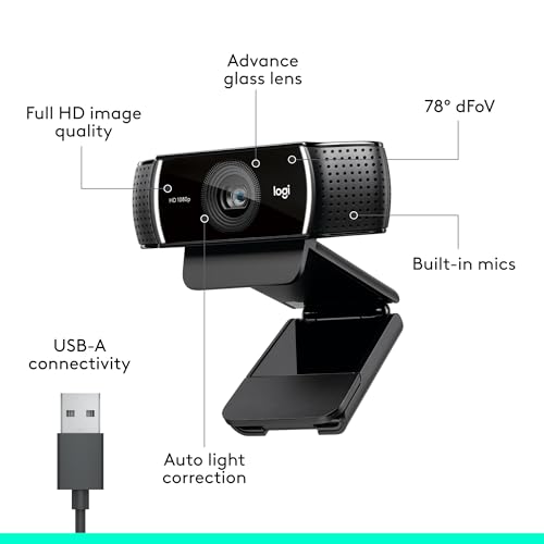 Logitech C922x HD Pro PC Webcam, Full HD 1080p/30fps or 720p/60fps Video, HD Light Correction, Works with Microsoft Teams, Google Meet, Zoom, Nintendo Switch 2’s new GameChat mode, Mac/Tablet- Black - size: 1 Pack, style: 1080P/30 fps, 720p/60fps