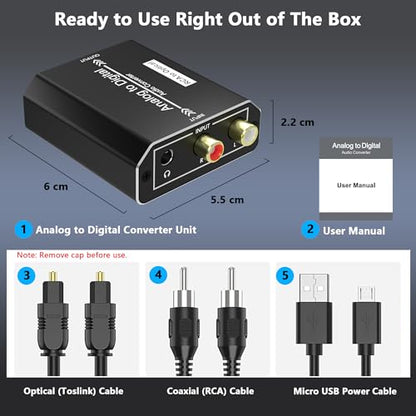 Analog to Digital Audio Converter, RCA to Optical Converter, RCA/3.5MM to Toslink and Coaxial Adapter, 48kHz/24bit PCM LPCM Stereo ADC for PS5/PS4/DVD/TV/CD/Game Console/Soundbar/Headphone