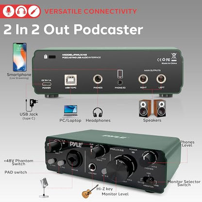 Pyle USB Audio Interface for Recording Music, Podcasting, and Streaming – 2-IN/2-OUT, 24bit/192kHz, Low-Noise, High-Fidelity Studio Quality, USB Powered, Rugged Metal Chassis, 5.9" x 4" x 1.8" - style: Interface Pro