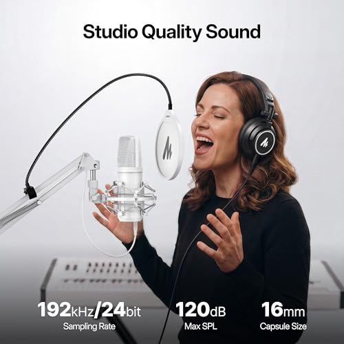 MAONO USB XLR Condenser Microphone with Headphones: PC Computer Podcast Cardioid Metal Mic Kit for Recording, Studio, Singing, YouTube (A04 Gen2 White+MH601)