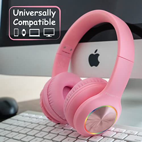 PowerLocus PLED Kids Bluetooth Headphones, Kids Wireless Headphones with LED Lights, 74/85/94dB Safe Volume, Micro SD, AUX Cable, Hi-Fi Stereo, Built-in Mic Over Ear Kid Headphone for Travel/Tablet/PC - color: Pink