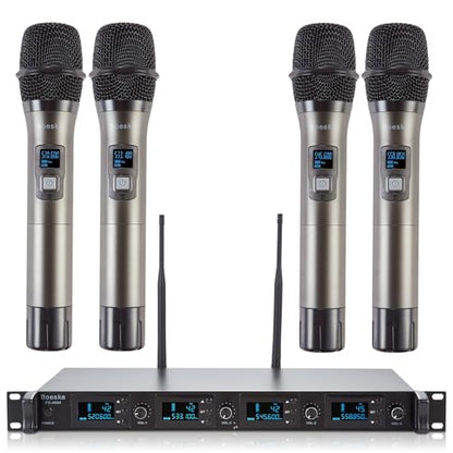Wireless Microphone System, 4-Channel UHF Wireless Mic, Fixed Frequency Metal Cordless Mic with 4 Handheld Dynamic Microphones, 200ft Range, Mics for Singing, Church (4 Handheld) - size: 4 Handheld