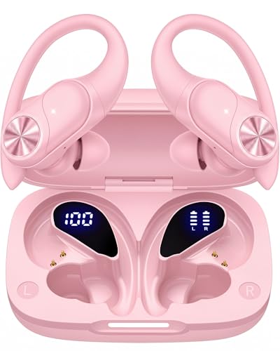 PocBuds Bluetooth Headphones Wireless Earbuds 80hrs Playtime Wireless Charging Case Digital Display Sports Ear Buds with Earhook Deep Bass IPX7 Waterproof Over-Ear Earphones for TV Phone Laptop Pink - color: Pink, style: AI Buds Pro
