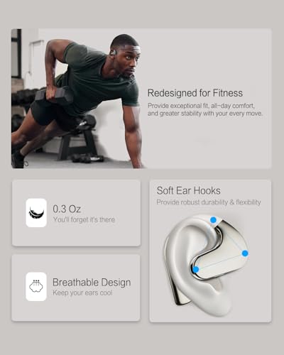 Open Ear Headphones, 50H Playtime & 3 EQ Modes for Workout, Black | Dynamic Bass Boost Bluetooth 5.4 Air Conduction Wireless Earbuds w/16.2mm Large Driver, 3 EQ Modes, ENC Mic, IPX5 - color: Beige