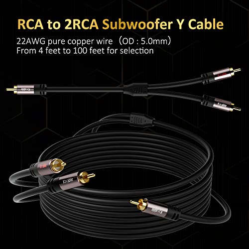 RCA Y-Adapter Splitter Cable (2 Pack-8FT+8FT), 1 RCA Male to 2 RCA Male Stereo Audio Subwoofer Cable, Bi-Directional, for Home Theater, Hi-Fi System, Amplifier, Speaker, 24K Gold Plated, OD:5.0MM - size: 8 Feet (2 Pack)