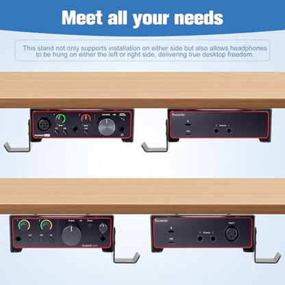 Under Desk Mount and Wall Mount for Focusrite Scarlett Solo 3rd/4th Gen | Metal Under Desk Mount for Audio Interfaces and Studio Gear with Adjustable Headphone Hanger Stand (Black）