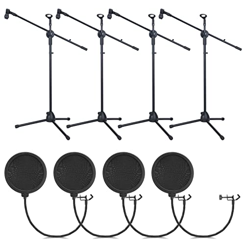 Sherr 4 Pcs Tripod Microphone Stand Adjustable Boom Height Mic Stand with Mic Clip and Windscreen for Live Stream, Singing, Stage Performance, Studio, Max Height 60 Inch