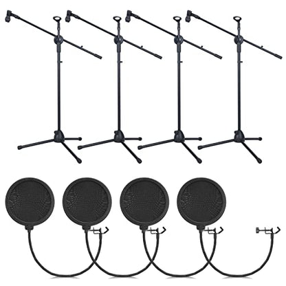 Sherr 4 Pcs Tripod Microphone Stand Adjustable Boom Height Mic Stand with Mic Clip and Windscreen for Live Stream, Singing, Stage Performance, Studio, Max Height 60 Inch
