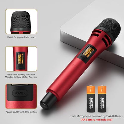 TONOR Wireless Microphones System, Handheld Microfono Inalambrico, Red | 4x10 Channels Cordless Mics, 60 m/200FT UHF Range with Stable Signal Transmission for Karaoke Singing Party Church Wedding - style: 4 Handheld Mics Grey&Red