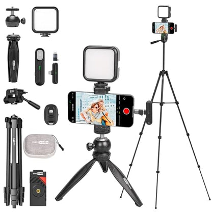 Vlogging Kit w/Light Wireless Mic,59" Full-Size Tripod Vlog K5 | Content Creator Essentials for iPhone & Android,w/ 1TX+1RX Lavalier Mic,Automatic Switch Phone Clamp,Camera Mount Tripod - size: VLOGK5(Wireless Mic)