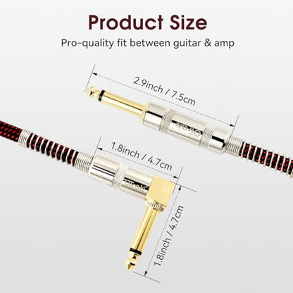 OTraki 10ft Guitar Cable 2 Pack Electric Guitar Chord Instrument Cable Quarter Inch L Shaped Guitar Cable Straight to Right Angle Gold Plated Plug for Bass Amp Keyboard Red & Green | 1/4 Inch L Shaped Guitar Cable Straight to Right Angle Gold Plated Plug