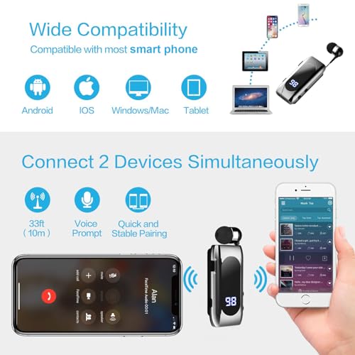 Retractable Wireless Headset Headphone Stereo Earphone V5.0 Noise Cancelling Mic Clip on Earpiece Comfortable HandsFree Headset 20Hrs Talking Time Sports Business Trucker Driver Earbud - color: Iron Black