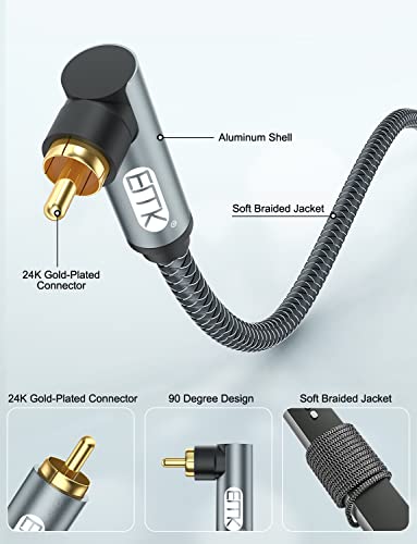 EMK 90 Degree RCA Cable, Male to Male Subwoofer Cable Right Angle Digital Coaxial Cable Dual Shielded RCA Audio Cable with Gold Plated Connectors,Pack of 2 (5 Feet/1.5M, 2PCS 90° RCA Cable, Black)