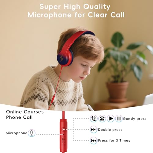 Candy Bila Wired Kids Headphones for School, Over-Ear for Boys Girls | Volume Limiter 85/94dB, HD Stereo Sound, Microphone and Wired Control,Foldable Design, Gradient red to dark blue - color: Gradient Red to Dark Blue