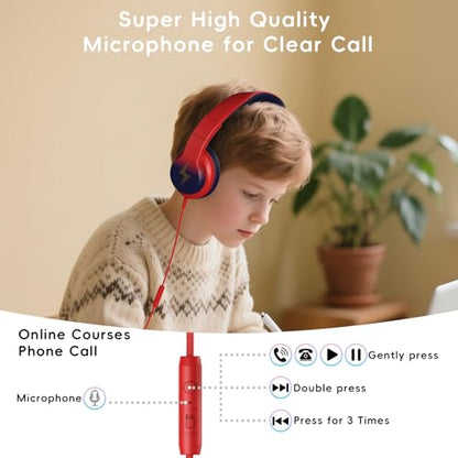 Candy Bila Wired Kids Headphones for School, Over-Ear for Boys Girls | Volume Limiter 85/94dB, HD Stereo Sound, Microphone and Wired Control,Foldable Design, Gradient red to dark blue - color: Gradient Red to Dark Blue
