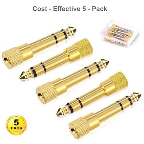 Aqdocvf 5-Pack 3.5mm to 1/4" Adapter, Gold Plated Headphone Jack Adapters | 1/4" to 3.5mm Adapter, Stereo Audio Headphone Adapters for Aux Cable, Headphones, Piano, Drums, Guitar Amplifier - color: gold-plated